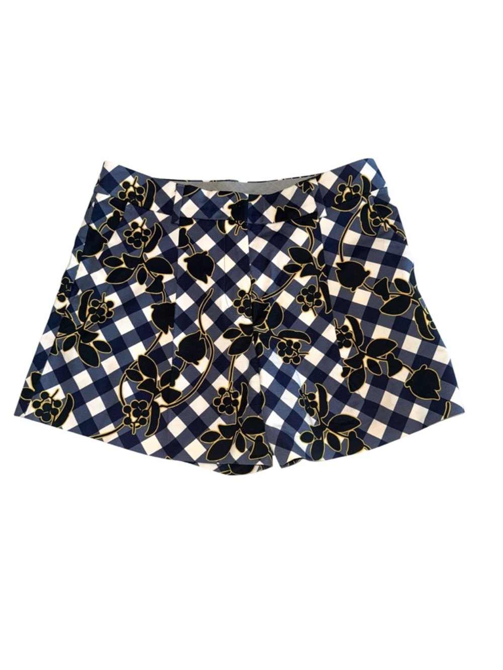 Sportmax Code Designer Floral Blue and White Gingham Shorts Size 6 Pleated